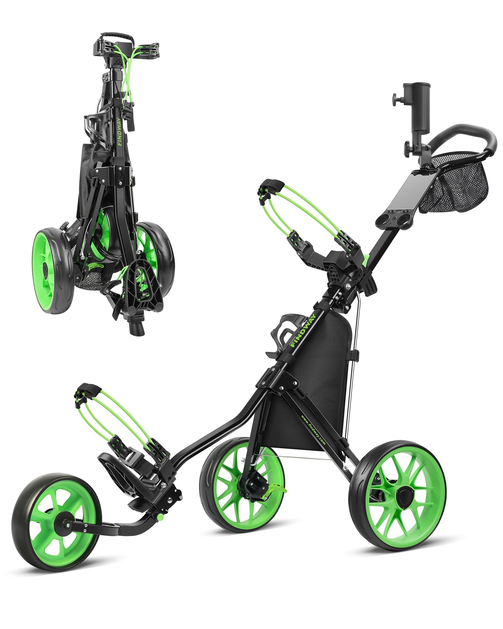 Findway Golf Trolley 3 Wheel, Folding Compact Golf Push Trolley, Lightweight Golf Push Cart with Foot Brake, Adjustable Handle, Mesh Bag, Storage Bag, Umbrella & Drink Holder
