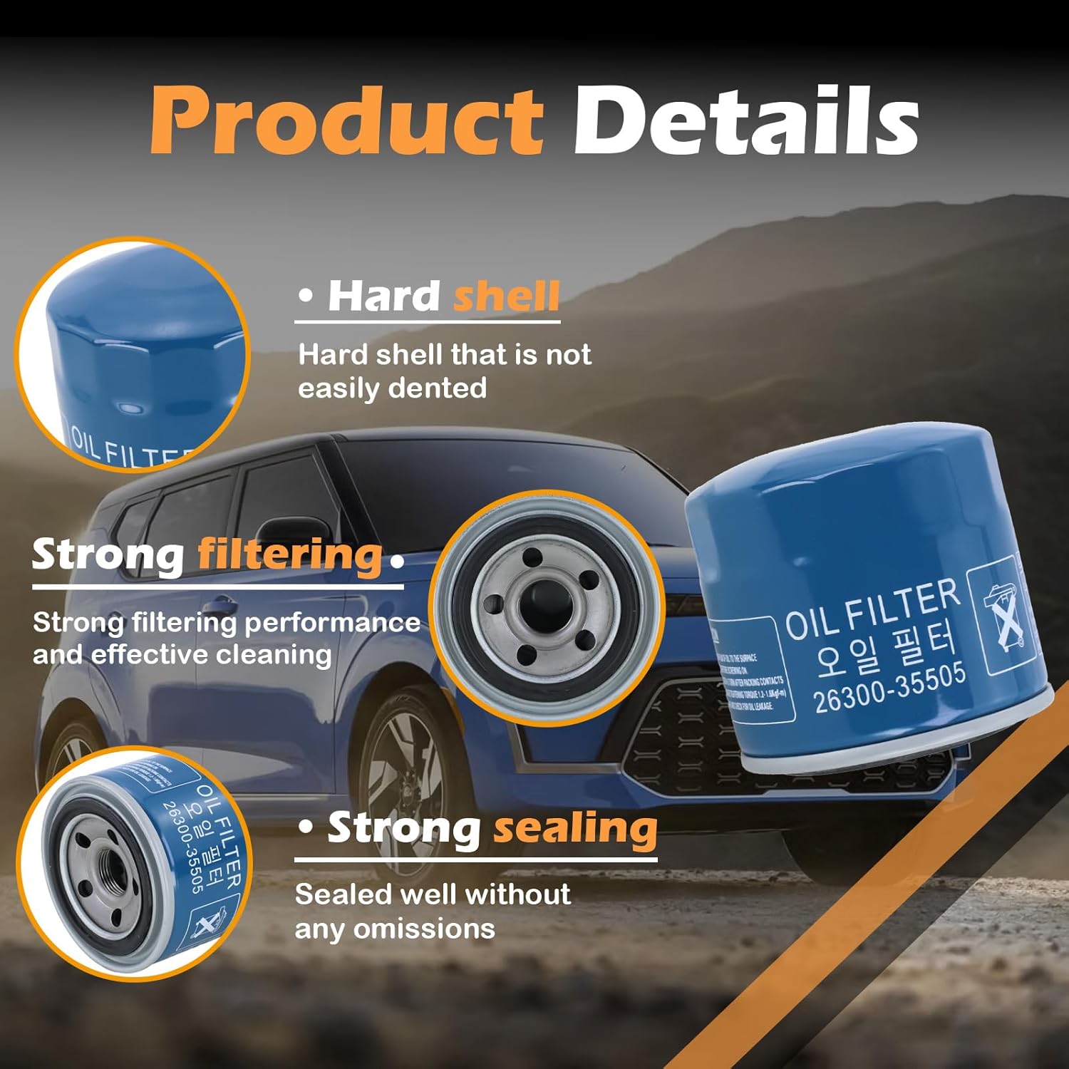 Kefly 26300-35505 Engine Oil Filters Fits for Hyundai Elantra Tucson Santa Fe Kia Sportage Forte Seltos, with Drain Plug Gasket (6 PCS)