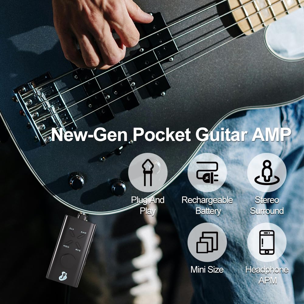 Amplificatore per cuffie per chitarra, mini amplificatore per cuffie per chitarra, ricaricabile tramite USB, portatile, amplificatore tascabile per chitarra, con moduli da 6 A e 18 effetti per