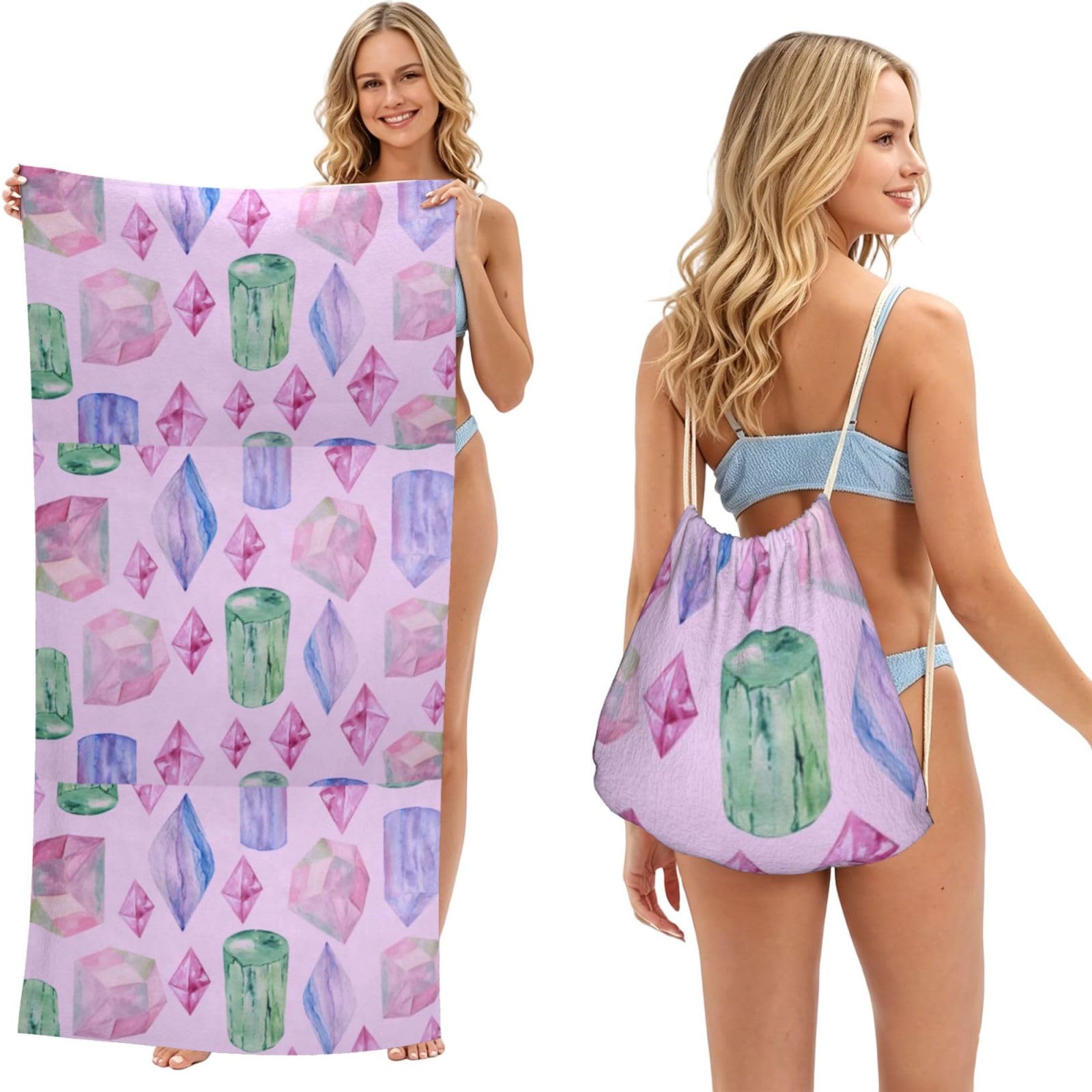 Poadnly As Picture Bright Crystals And Gems, 2 In 1 Packable Towel Bag, Beach Towels With Drawstring Backpack For Travel Holiday Camping