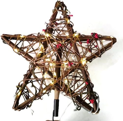 Rustic Lighted Wood Star Tree Topper Star with Pip Berries for Christmas Home Decor, Farmhouse Theme