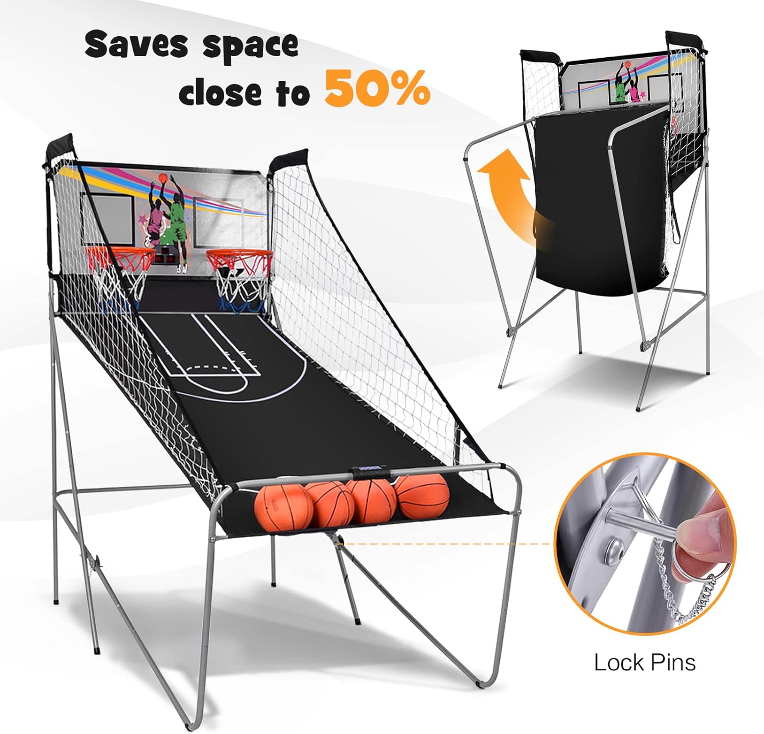 ReunionG Basketball Arcade Game, Electronic Double Shot 2 Player with 4 Balls, 8 Game Options, Basketball Game Indoor Easy Folding for Storage (Gray)