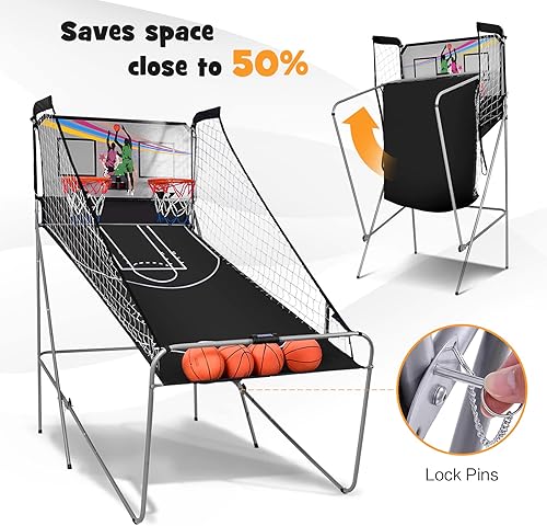 Vista 7 de Goplus Juego de arcada de baloncesto plegable de doble tiro, juego de aro de baloncesto con puntuación electrónica, 8 modos de juego, 4 bolas, Negro