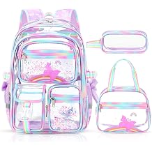 DIGOBAY 3PCS Clear Backpack for Girls, Cute Girls Clear Backpack with Lunch Bag & Pencil Case, Heavy Duty Transparent School Backpack for Teen Girl, kids Bookbag for Elementary Middle School