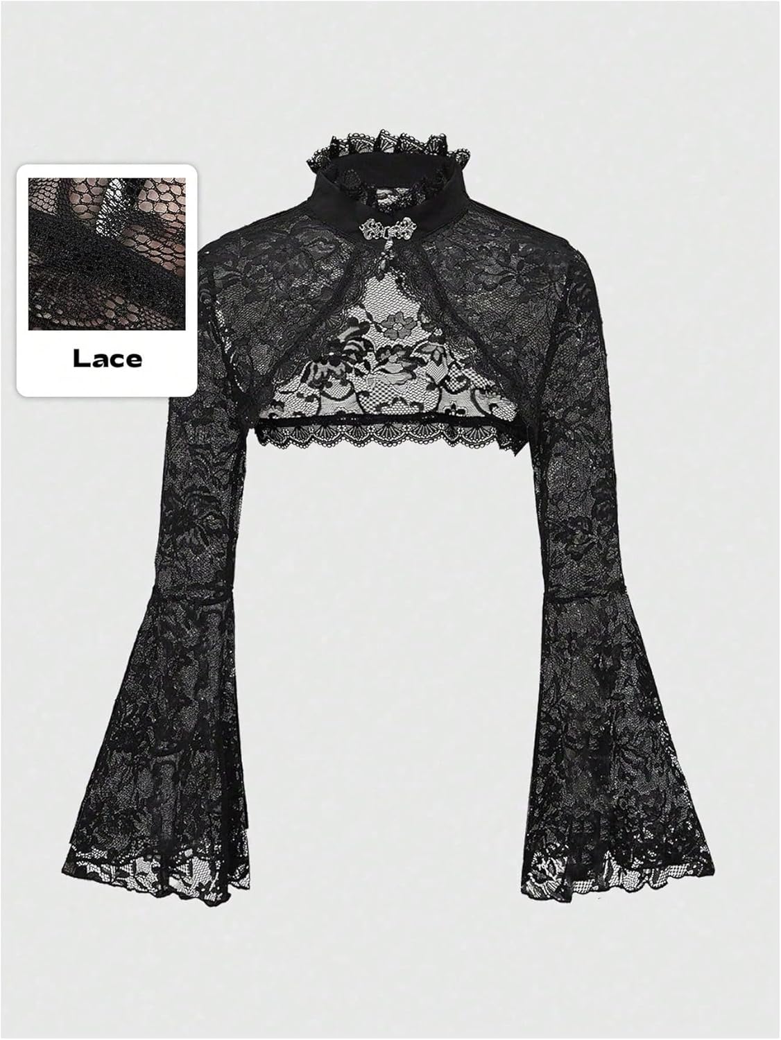 WDIRARA Women's Plus Size Lace Crop Top Long Bell Sleeve Shrug Shawl Gothic Tops - Image 5