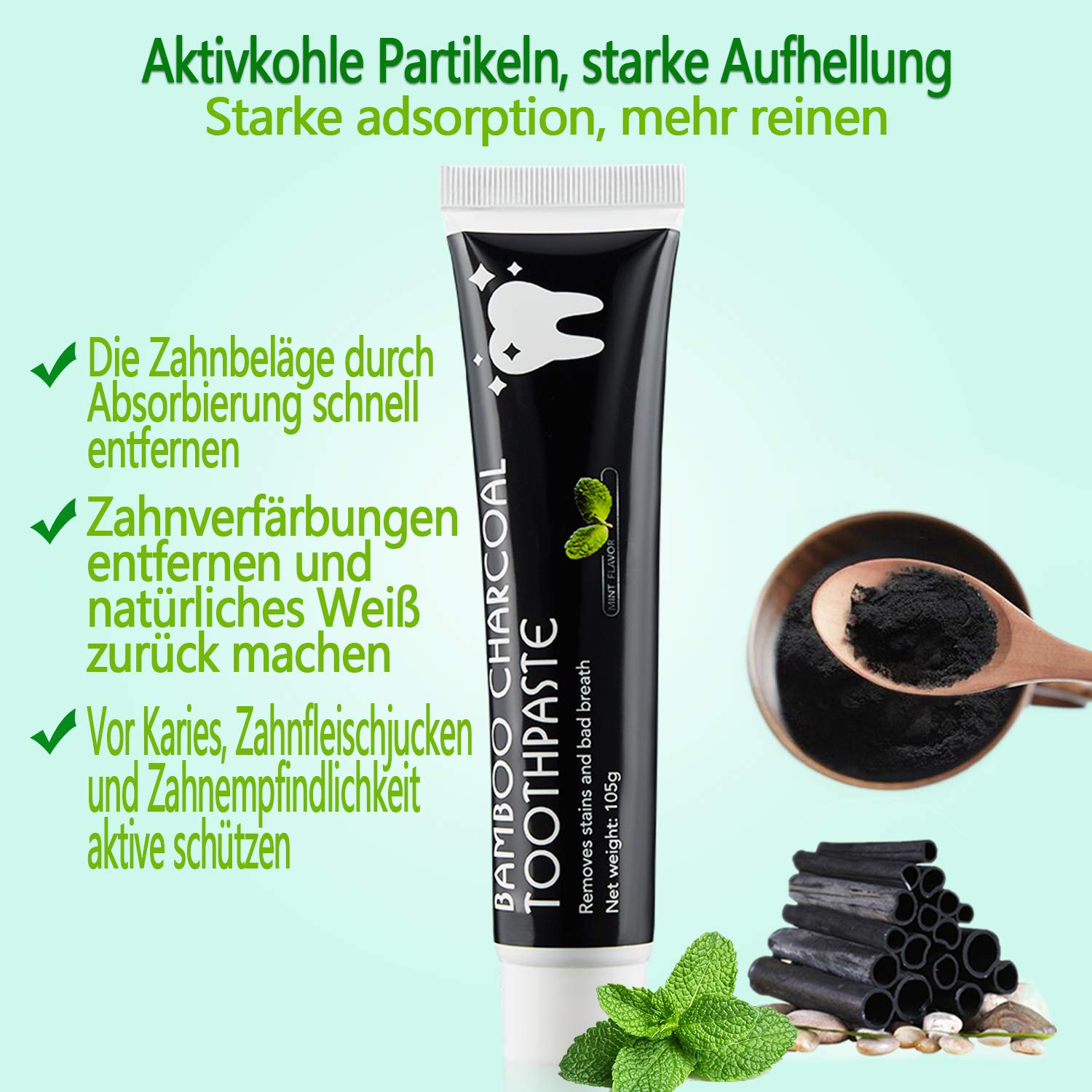 Aktivkohle Zahnpasta -Schwarze Zahnpasta Weisse Zhne -Natrliche Bamboo  Activated Charcoal Teeth Whitening Toothpaste Black -Zahnaufhellung Bambus  Carbon Zahncreme Ohne Fluorid 105g : Amazon.de: Drogerie & Krperpflege