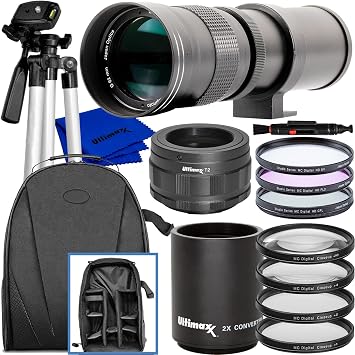 Ultimaxx 420-800mm f/8.3-16 Super HD Manual Telephoto Zoom T-Mount Lens + 2X Converter Essential Bundle for Canon EOS M5, M6, M6 Mark II, M10, M50, M50 Mark II, M100, M200 & Other EF-M Mount Cameras