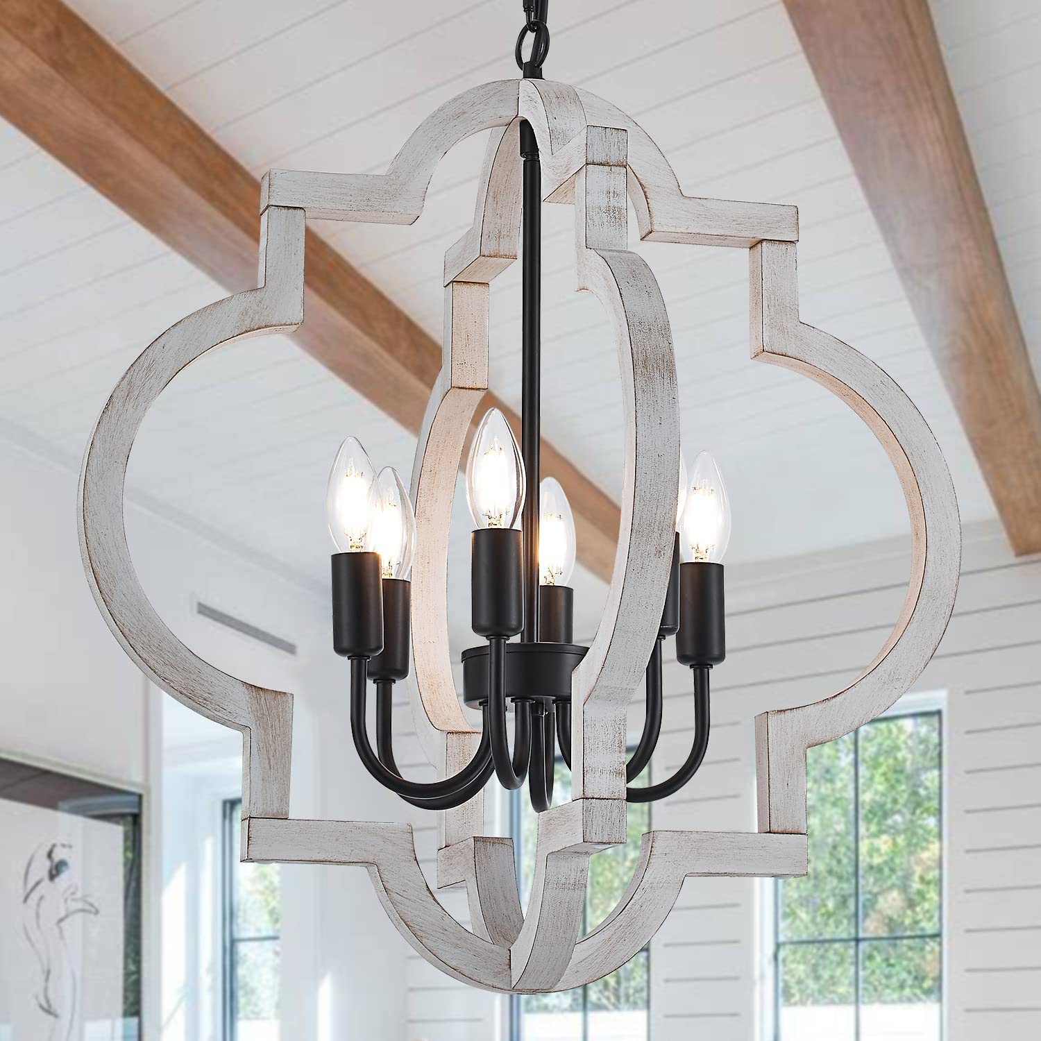 lighceac 6-Light 21" Farmhouse Orb Chandelier Rustic Handmade Distressed White Wood Hanging Ceiling Pendant Light Fixture Wood Lantern Chandeliers for Dining Room Kitchen Bedroom Foyer Hallway