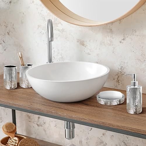 Miniatura 7 de Blue Donuts Juego de accesorios de baño, soporte para cepillo de dientes, dispensador de jabón, plata, cerámica, 4 piezas