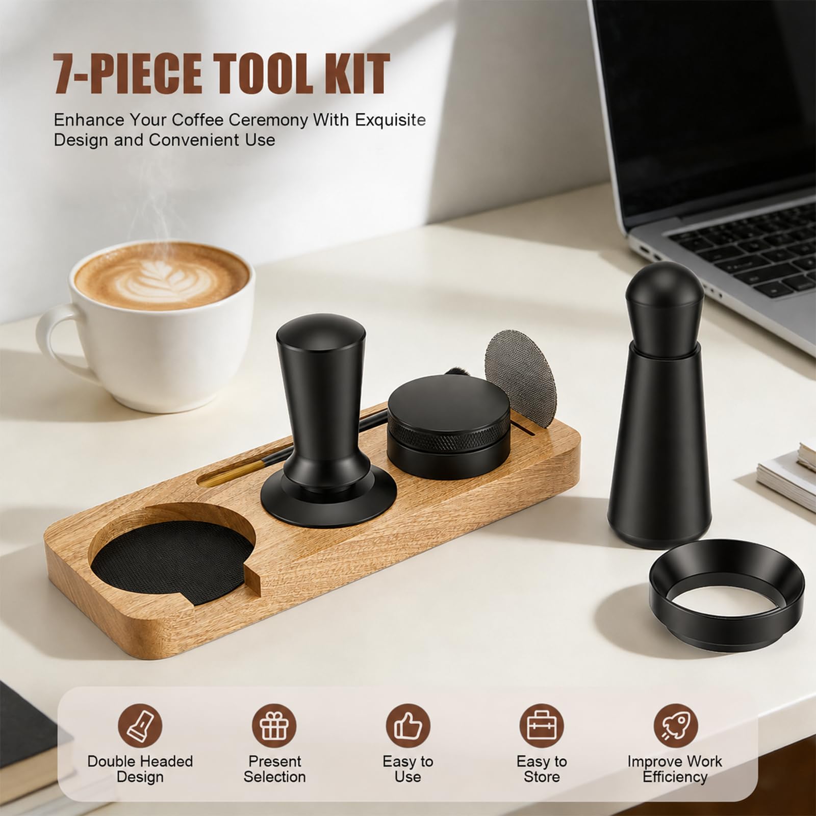 Set 7 Accesorios para Espresso, 58mm con Base de Madera, De Tamping, Herramienta WDT, Anillo Dosificador Magnético, Filtro y Cepillo