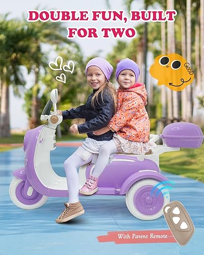 Vista 2 de Motocicleta de 12 V y 2 plazas para niños, scooter eléctrico con control remoto, caja de almacenamiento, música, luz LED, bocina, motor de 2 x 50 W