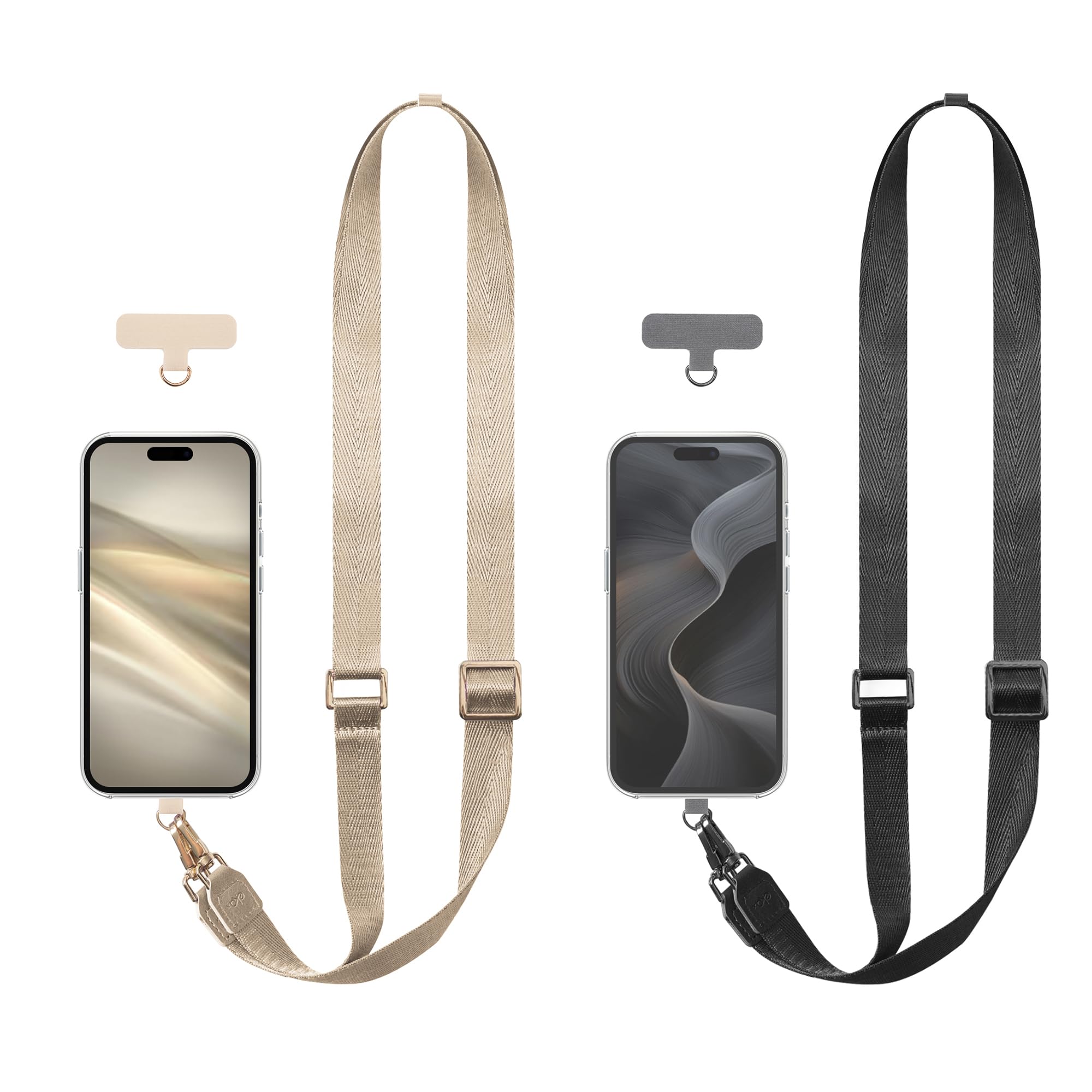 EKAX Universal-Handy-Umhängeband, 2 x verstellbare Doppelhakenriemen, 2 x klebstofffreie Haltegurte, Halshalter für Hüllen (Beige + Schwarz)