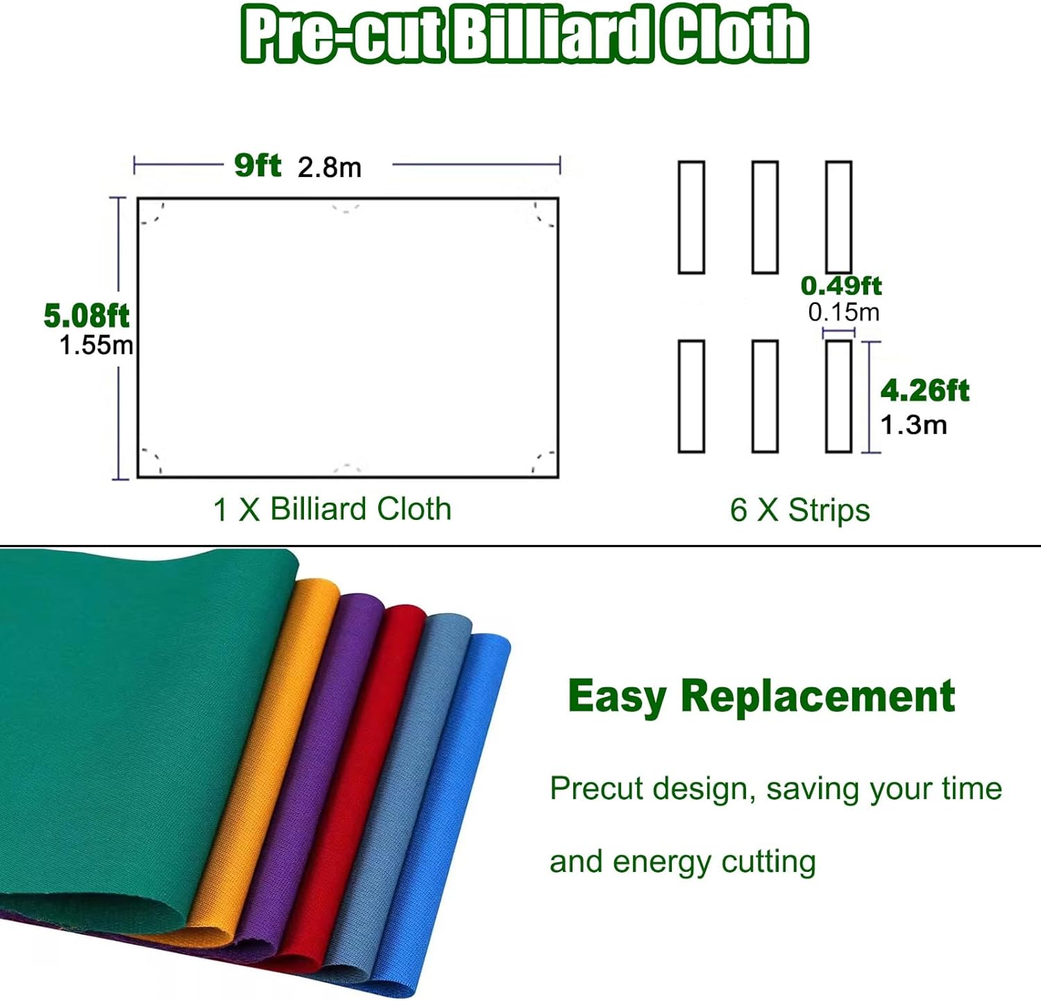 9FT/2.8M Billiard Table Cloth with 6 Cloth Strips, Fast Speed Pre-Cut Pool Table Felt for Hotels Clubs Home Game Rooms