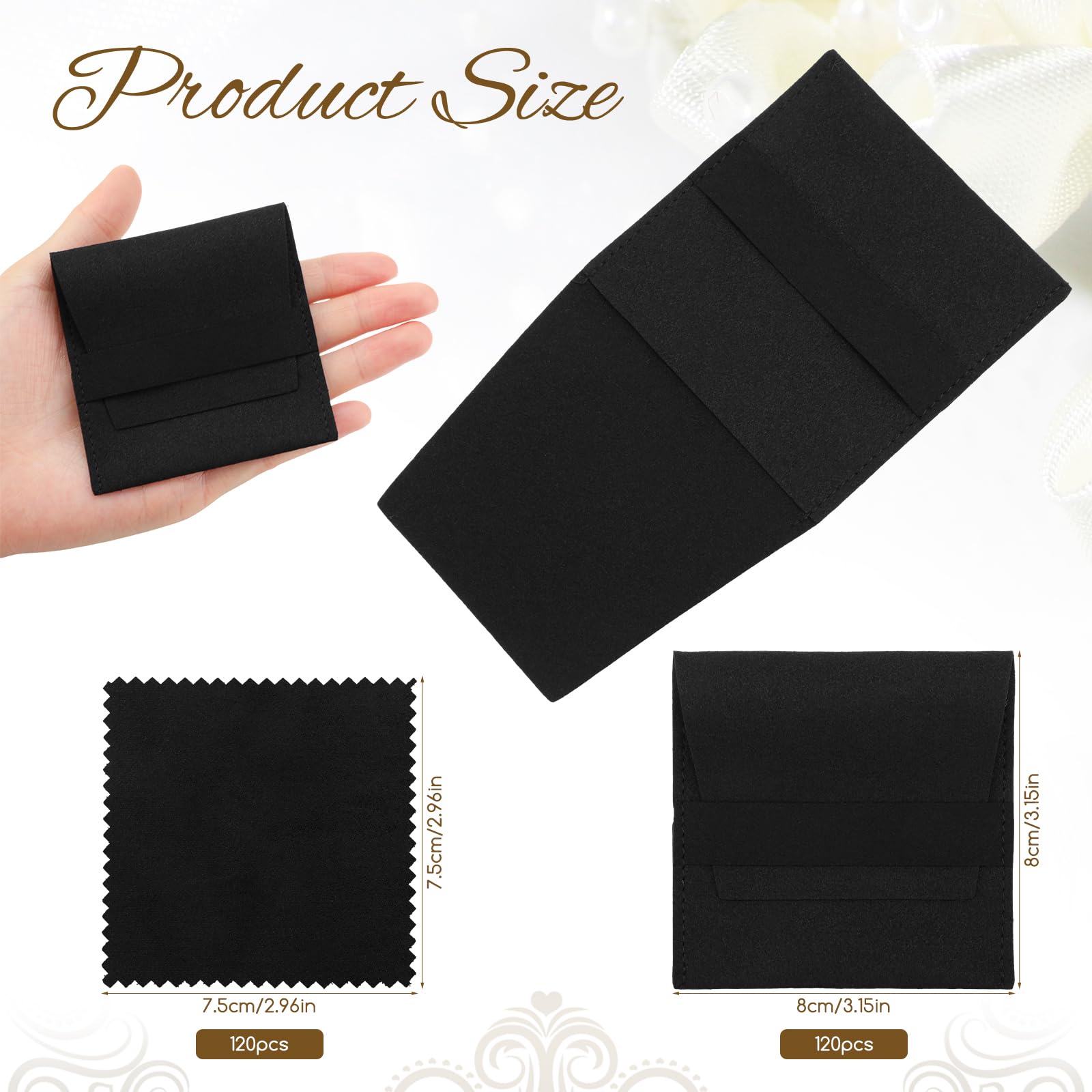 120 Stück Mikrofaser-Schmuckbeutel, 8 x 8 cm, Luxus-Geschenk, fester Riemen, Umschlag-Stil, Verpackung mit Reinigungstuch (schwarz)