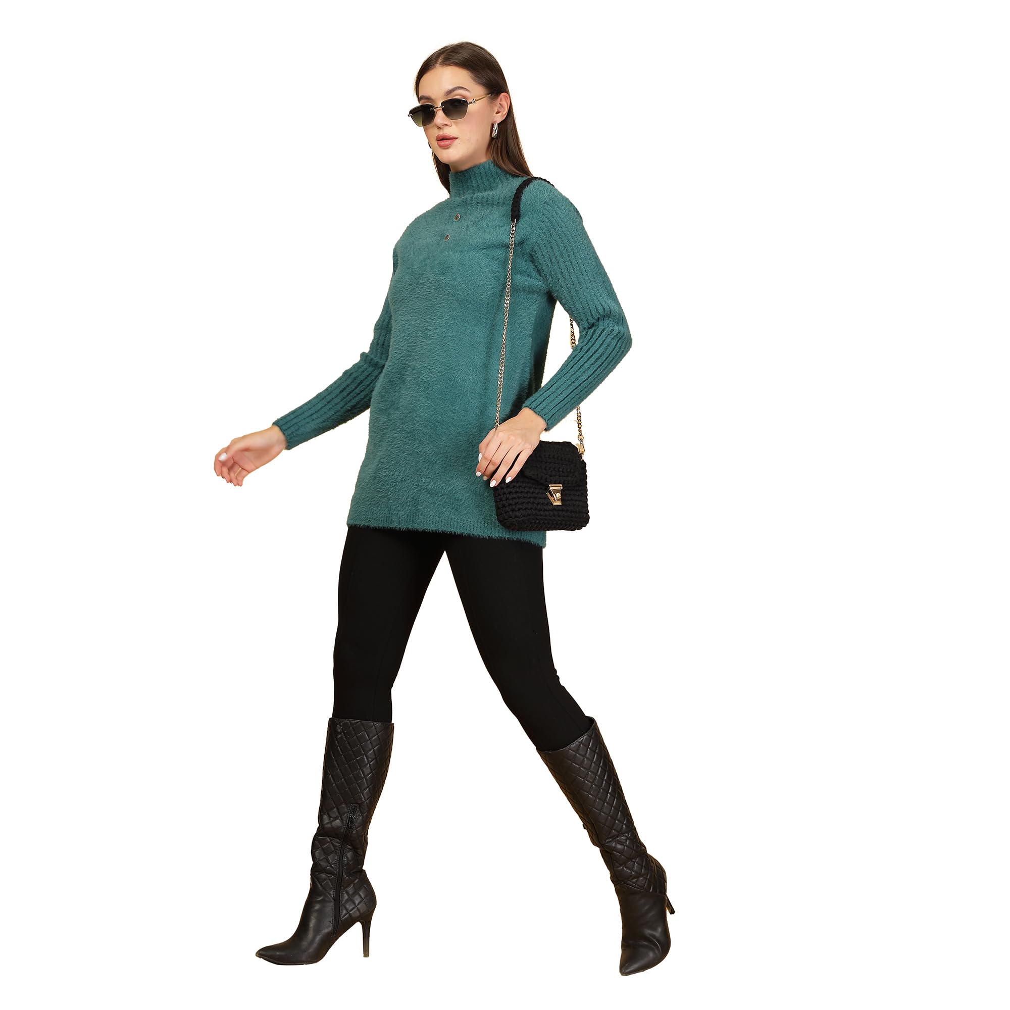 Women Self Design Solid Longline Pullover Teal_T5W 25505-image-3