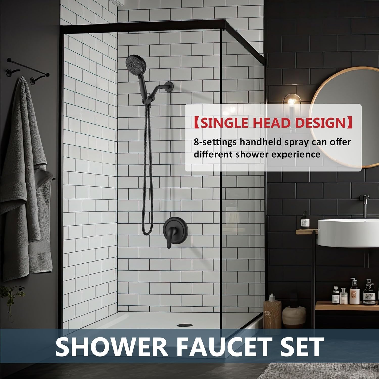 Aolemi Shower Faucet Set Rain Shower Head System Shower Trim Kit Pressure Rough-in Valve Included ABS 8 Setting Single Handheld Spray Matte Black