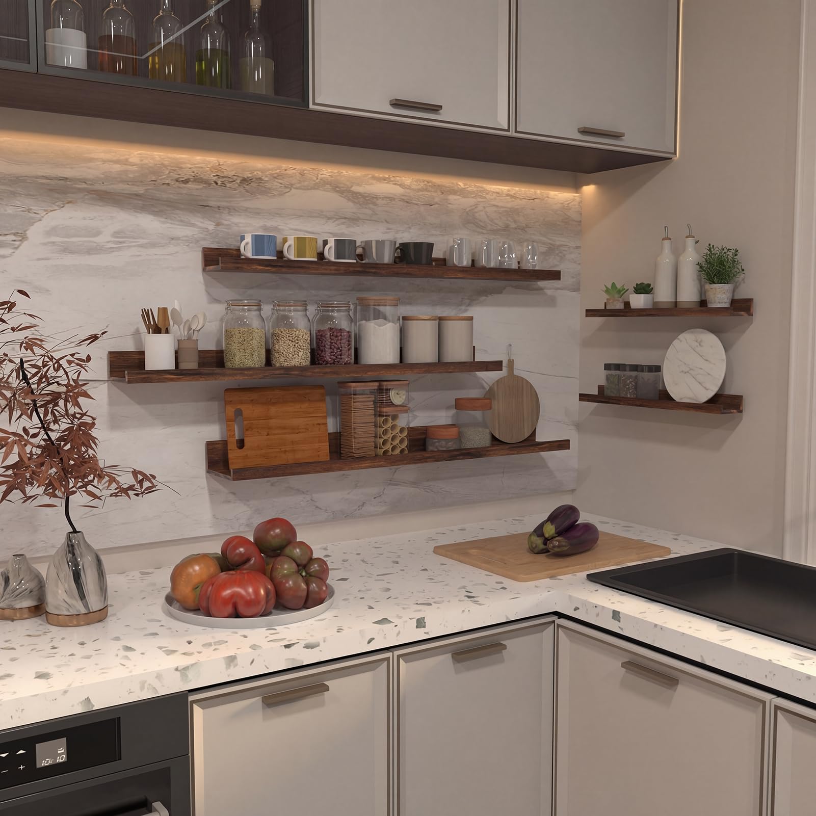 Giftgarden Mensola da Muro in Legno Composito,90 cm Mensola Sospesa Marrone per Soggiorno,Cucina,Camera da Letto o Ufficio, Set di 5 con Diverse Dimensioni
