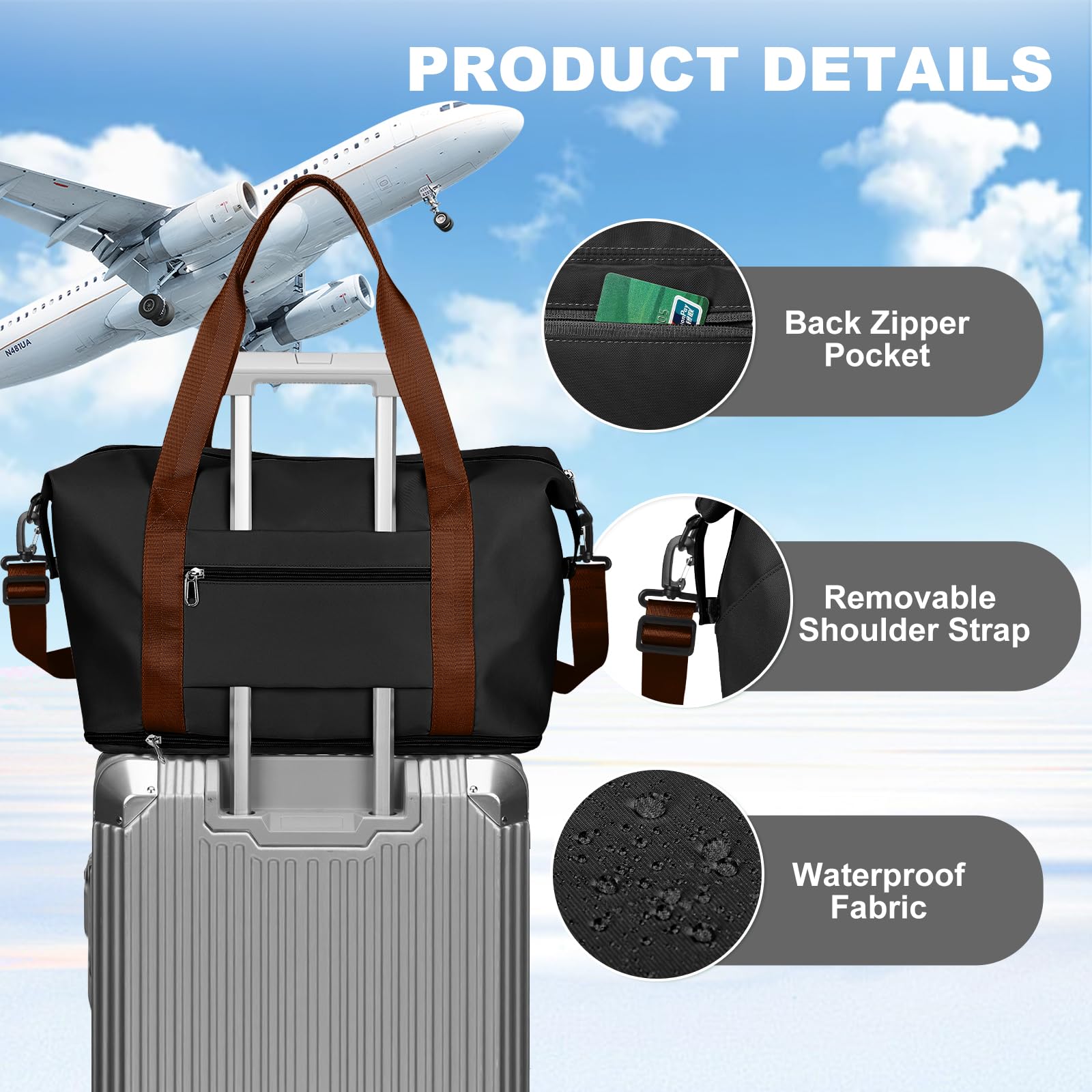 SZLX Travel Duffel Bag Weekend Bag with Trolley Sleeve,Ryanair Cabin Bag 40x30x20 Duffel Bag Wizzair,Dry & Wet Seperated Sports Gym Bag Waterproof Carry On Bag for Women Men Hospital Tote(Black Brown) — view 7