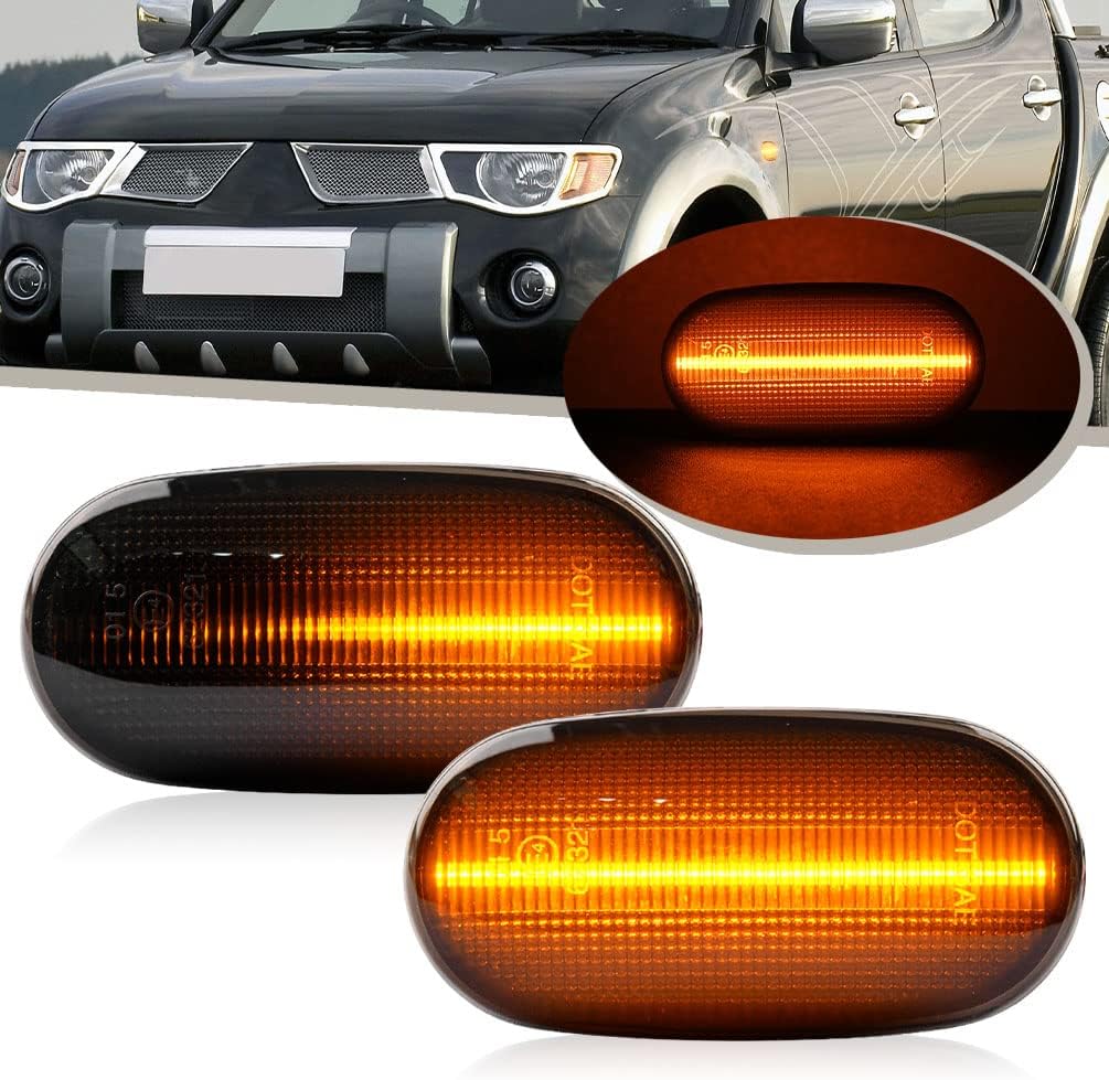 Dynamic Amber LED Side Marker Lights Assemblies for 2005-2015 M‘itsubishi Triton L200 KA/KB Pajero Sport/Montero Sport KG/KH Smoked Lens Left Right Sidemarker LED Turn Singal Driving Position Lamps