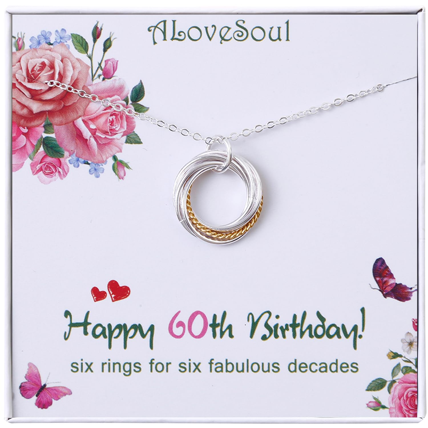 ALoveSoul 60th Birthday Gifts for Women - 925 Sterling Silver Six Circle intertwined Necklace for Her, 6 Decade Jewelry 60 Years Old 1959 Birthday