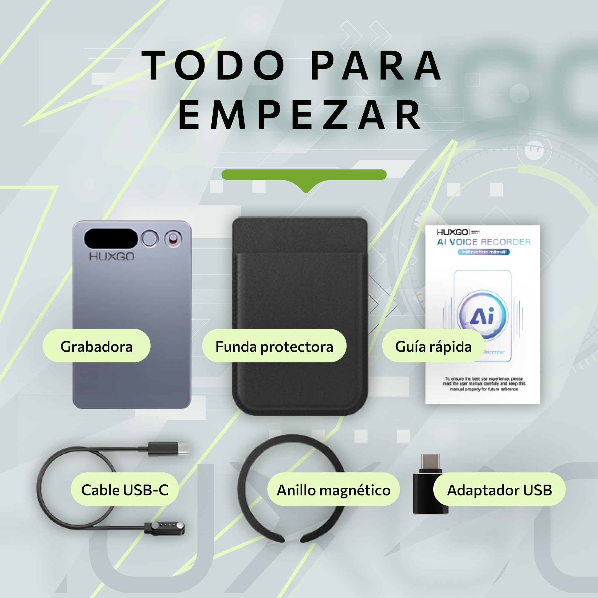 Grabadora de Voz – 64GB con Doble Micrófono y Reducción de Ruido – Batería de 35h, Bluetooth 5.3 – Transcripción y Traducción por App (118+ Idiomas) – HUXGO®