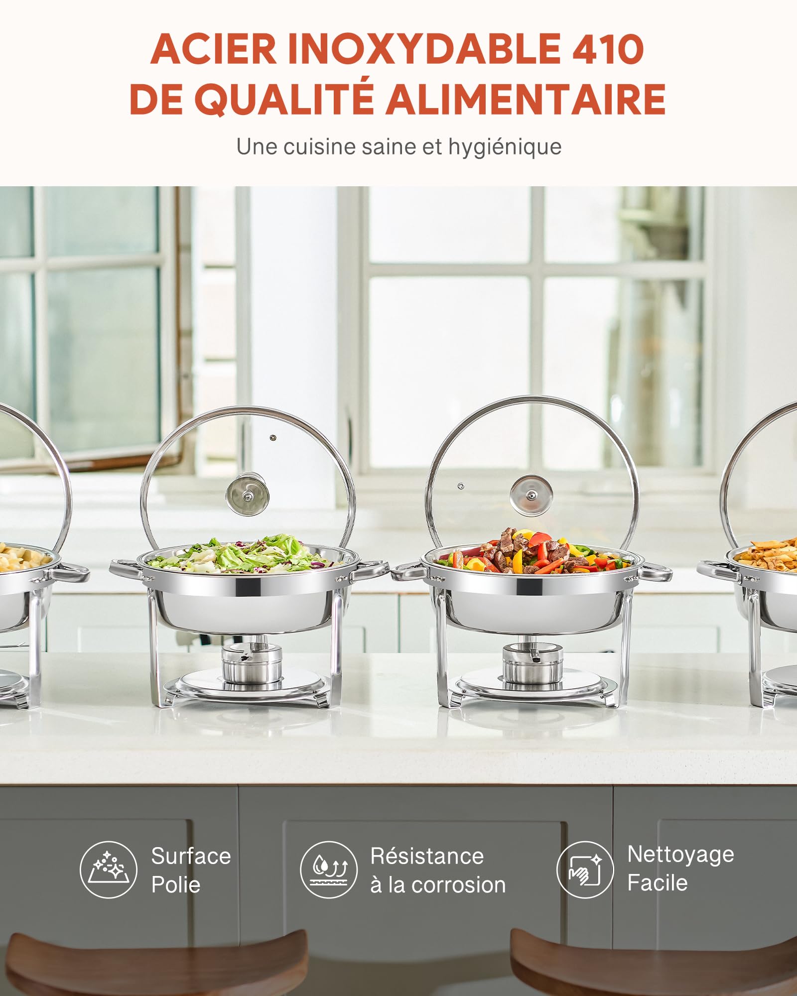 WILPREP Lot de 4 Buffets Chauffants Ronds Chafing Dish Rond 5,5L Chauffe Plat à Combustible en Acier Inoxydable Alimentaire avec Couvercle en Verre pour Les Fêtes Buffets Banquets Dîners