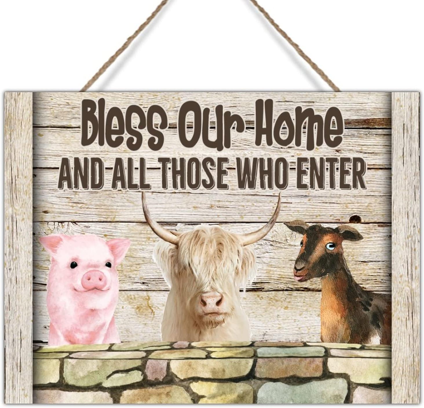 Wood Wall Sign Farmhouse Animal Pig Cow Sheep Sign Bless Our Home and All Those Who Enter Wood Wall Decor Signs Chic Rustic Wood Plaque Sign Wall Hanging 24x18in