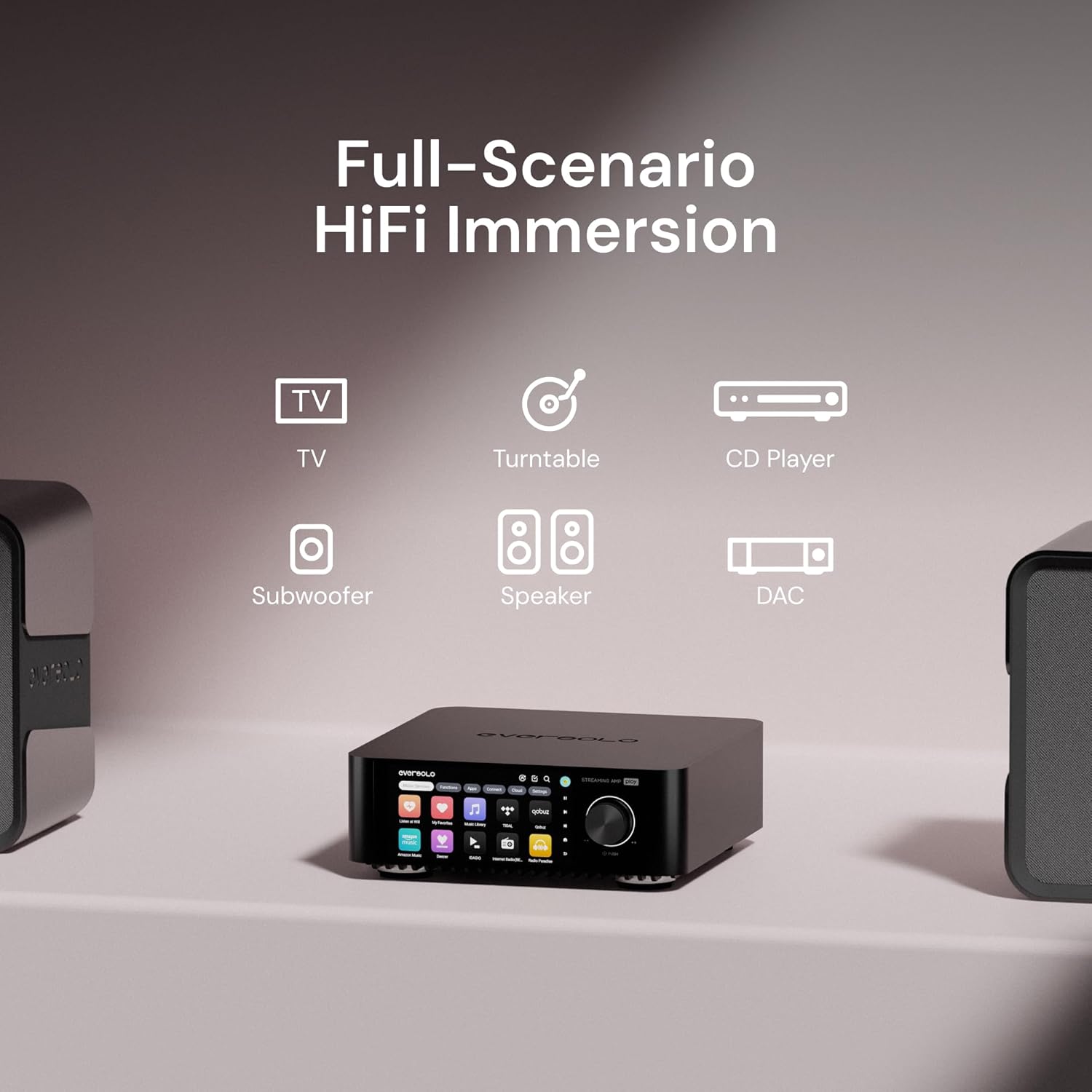 Eversolo Play integrated into a home audio setup with a TV, turntable, CD player, subwoofer, speakers, and DAC icons.