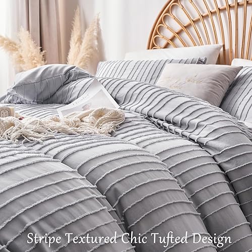 Miniatura 3 de Senville Funda de edredón tamaño Queen, patrón texturizado a rayas, juego de fundas de edredón suaves y ligeras de color gris para todas las