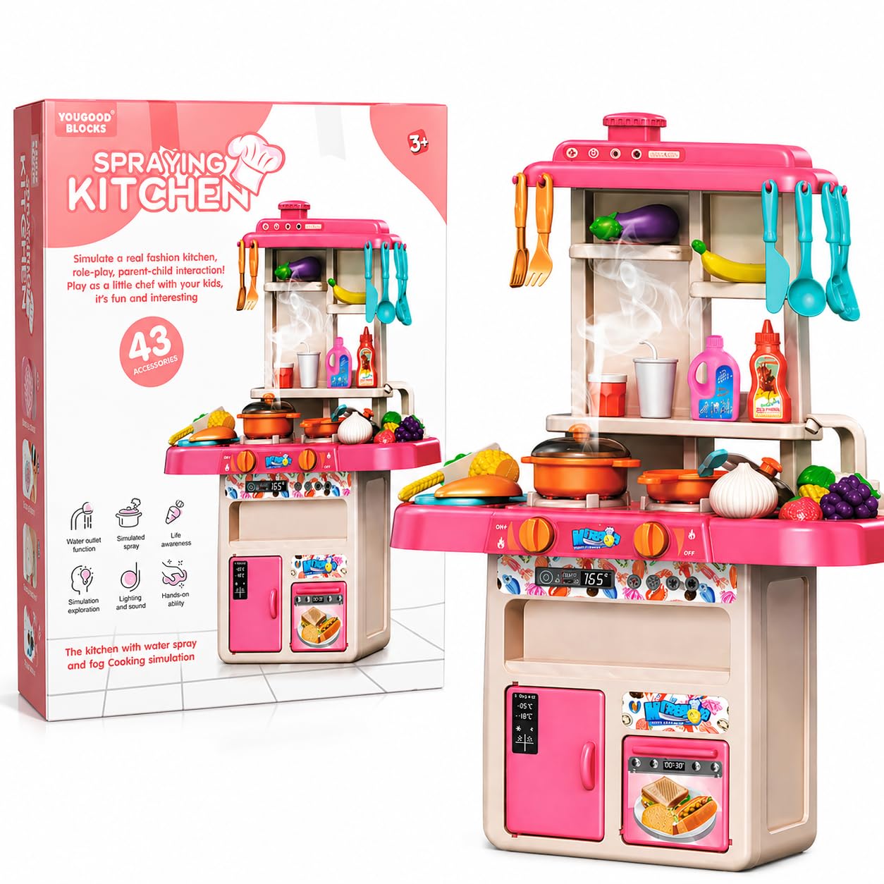 43 Piece Kids Kitchen Playset with Water Spray Feature, Toy Kitchen Set with Accessories, Pretend Play Kitchen, Role Play Toys, Kids Cooking Set for Imaginative Play