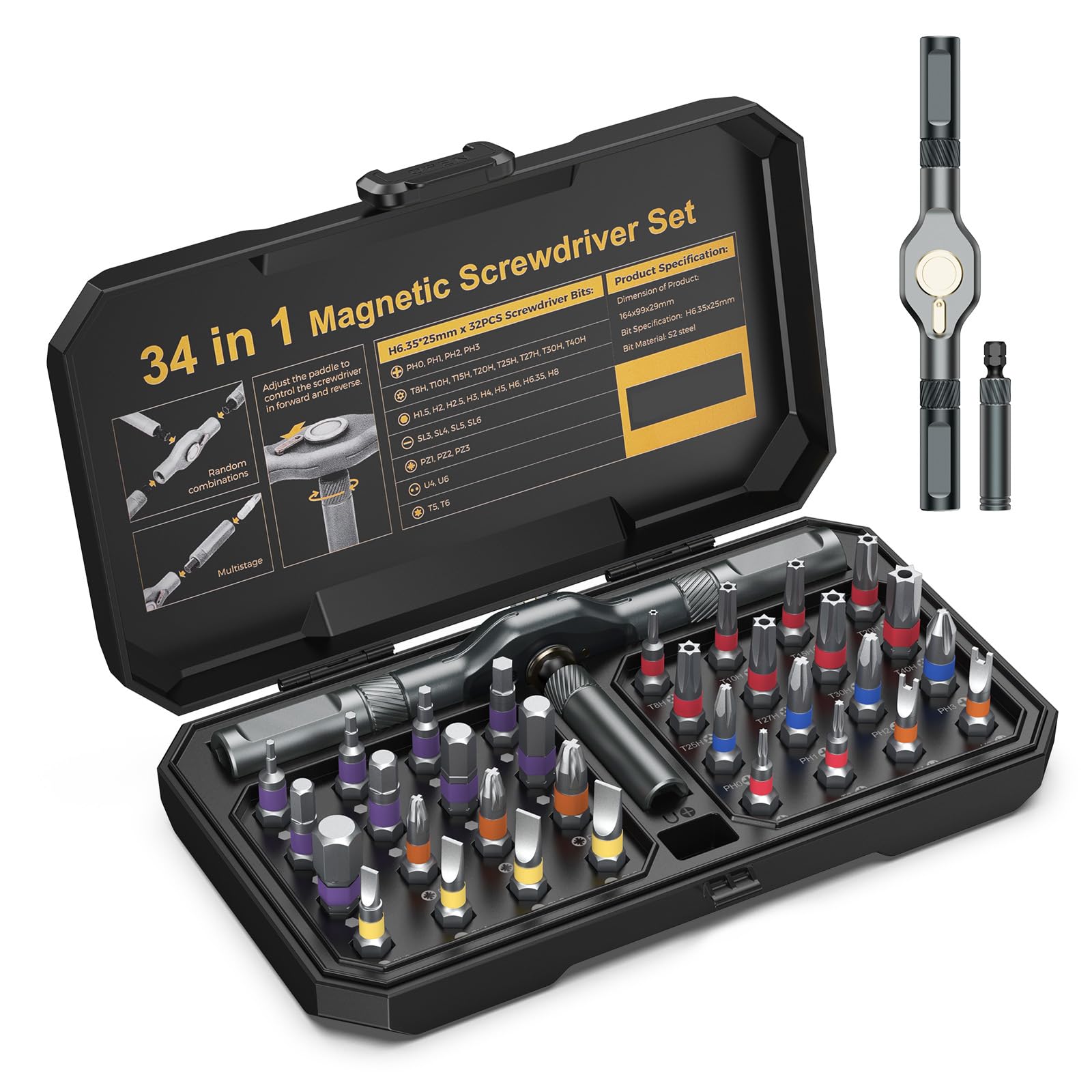 ORIA Ratchet Screwdriver Set, 34 in 1 Magnetic Screwdriver, Color-Coded Multi-Bit Set, Precision Repair Tool Kit in Storage Case for Glasses, Watch, Ring Doorbell, PC, DIY, Furniture