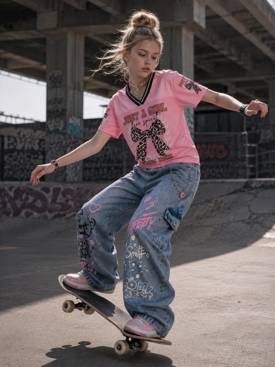 Girls 2 Piece Clothes Set V Neck Graphic Tee and Wide Leg Jeans Casual Streetwear Outfits Size 7-15