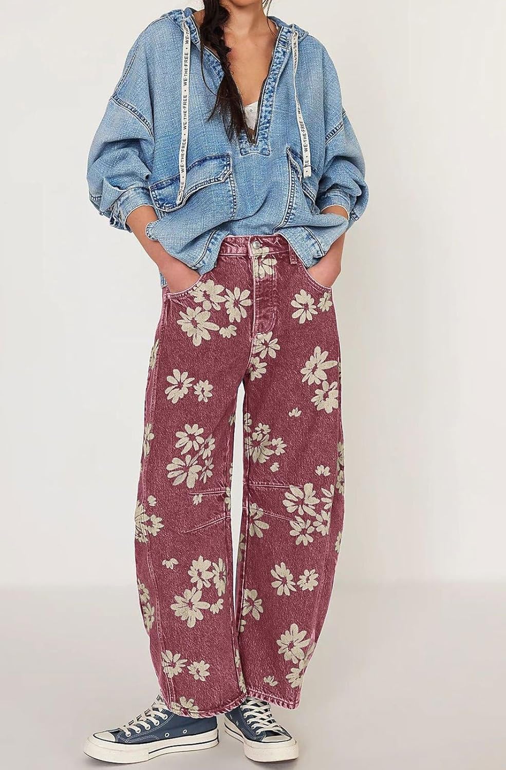 yoeasy Women's Mid Rise Baggy Barrel Jeans Floral Printed Wide Leg Y2k Boyfriend Jeans Denim Ankle Pants