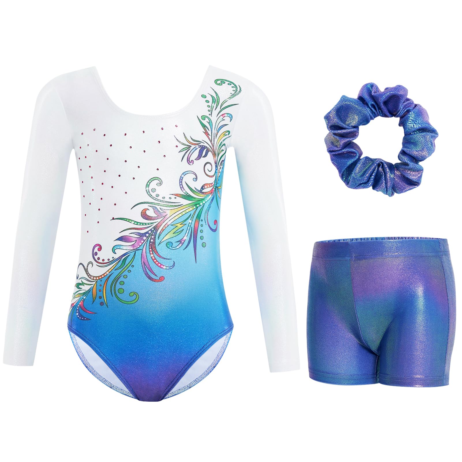 Gogokids Maillot de gimnasia de tres piezas para niña, de manga larga, con pantalones cortos y cinta para el pelo, ropa de gimnasia con diseño degradado para 3-12 años — view 18