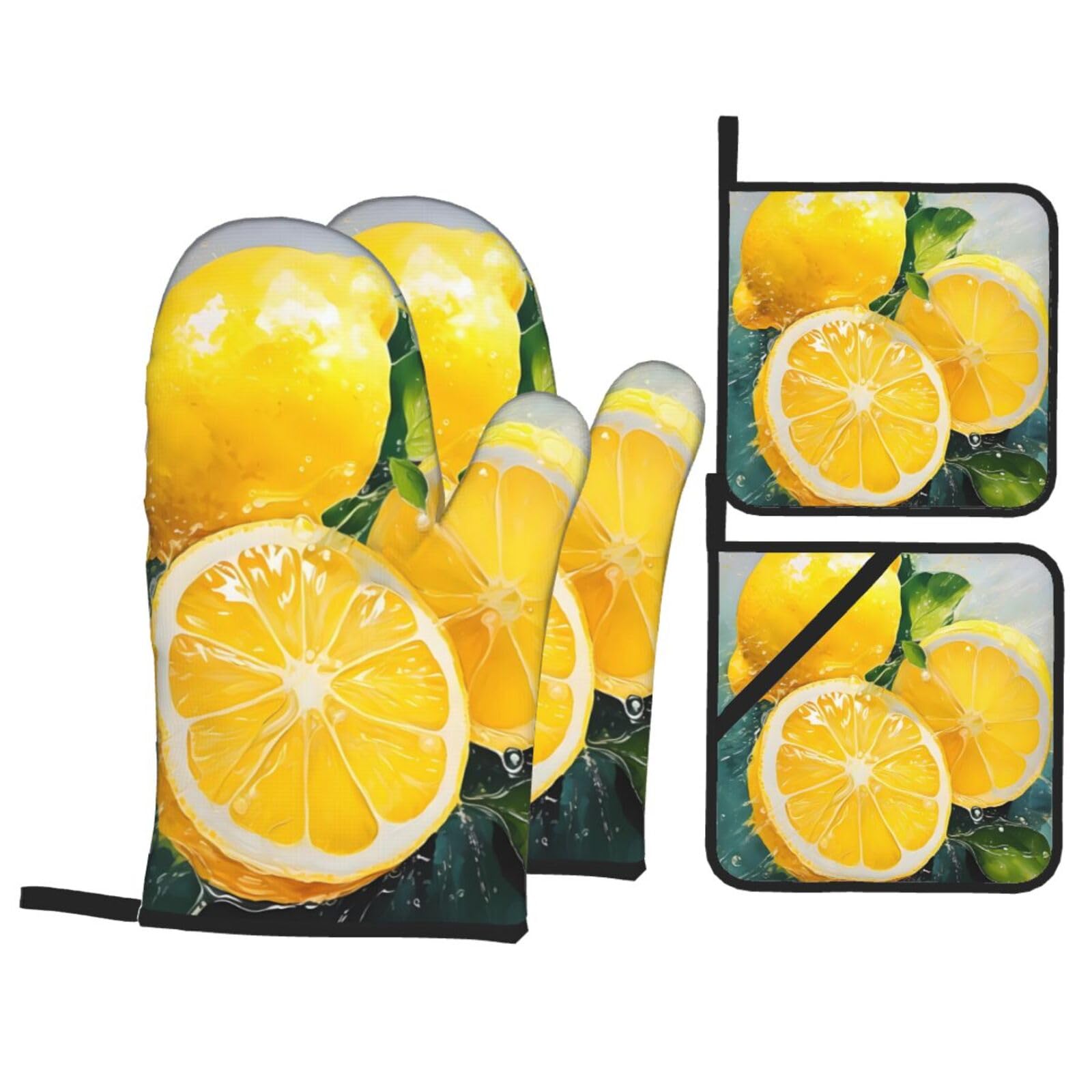 Yellow Lemon, Oven Mitts And Potholders Sets Of 4,Waterproof,Heat-Resistance Up To 500°f,Microwave Baking Oven Gloves,Chef Kitchen Cooking Baking Bbq Gloves,Cooking Mittens