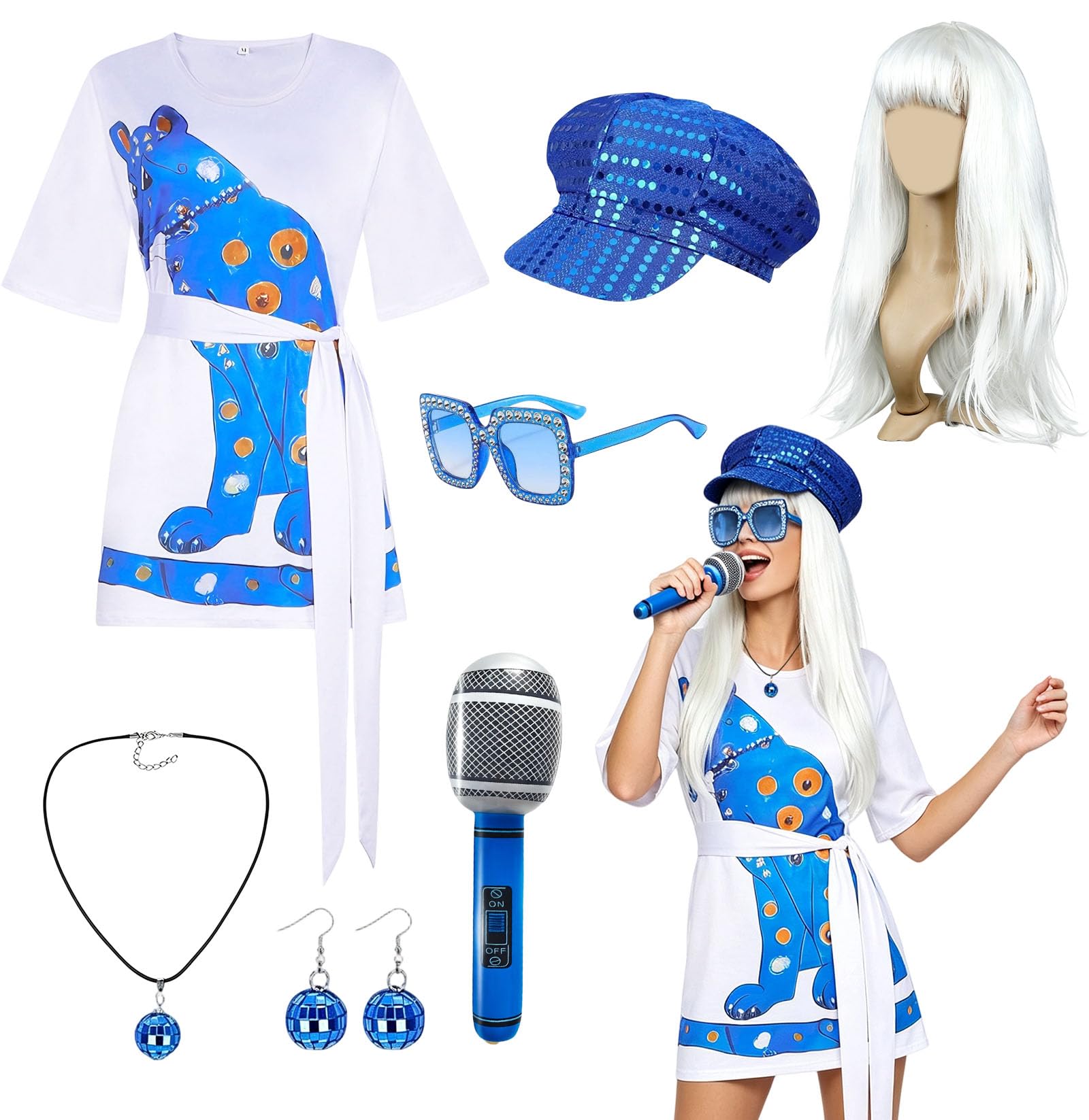 6 Pcs Abba Outfits for Women, 70s Disco Ball Accessories with 1 Vintage Fancy Dress 1 Wigs 1 Earrings 1 Necklace 1 Inflatable Microphone 1 Glasses, Abba Costumes for Retro Dance Theme Party Birthday
