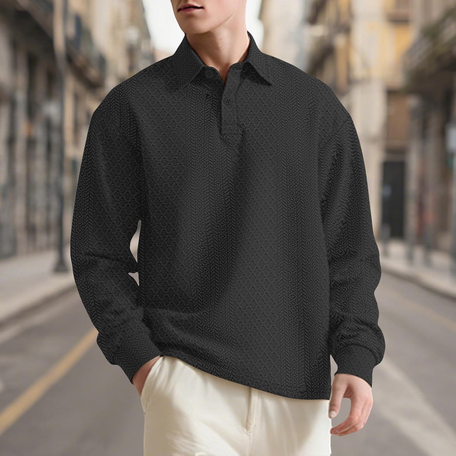 Stylish Polo Shirts for Men Textured Button Down Mock Neck Casual Tops Comfy Solid Color Long Sleeve Golf Pullover - Image 2