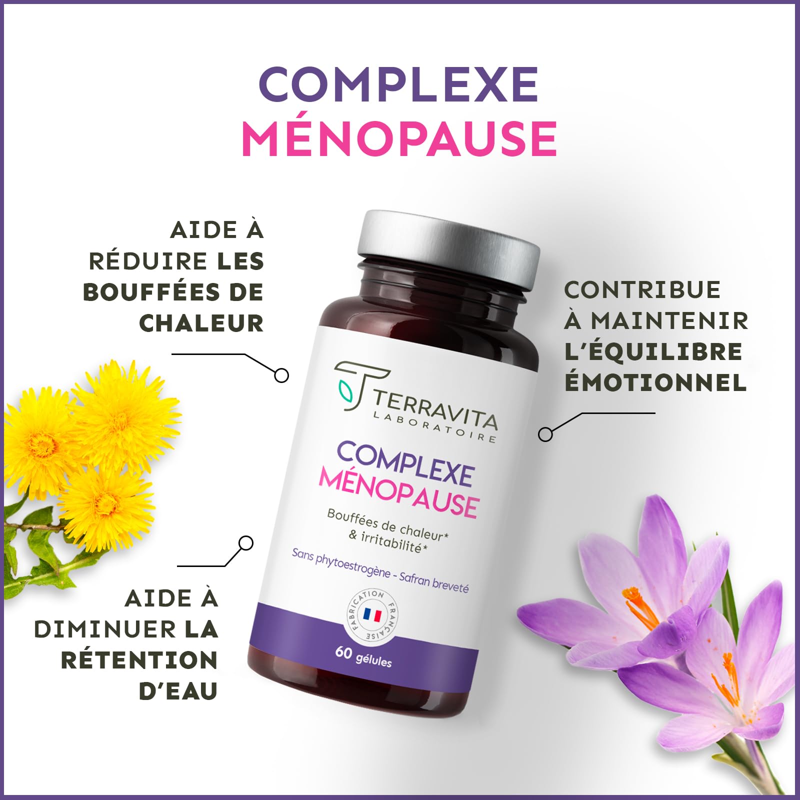 Complexe Ménopause | Sans Hormones | Avec Pollen et Safran Breveté | Bouffées de Chaleur, Fatigue, Stress et Variations d’Humeur | 60 Gélules | Made in France | Terravita