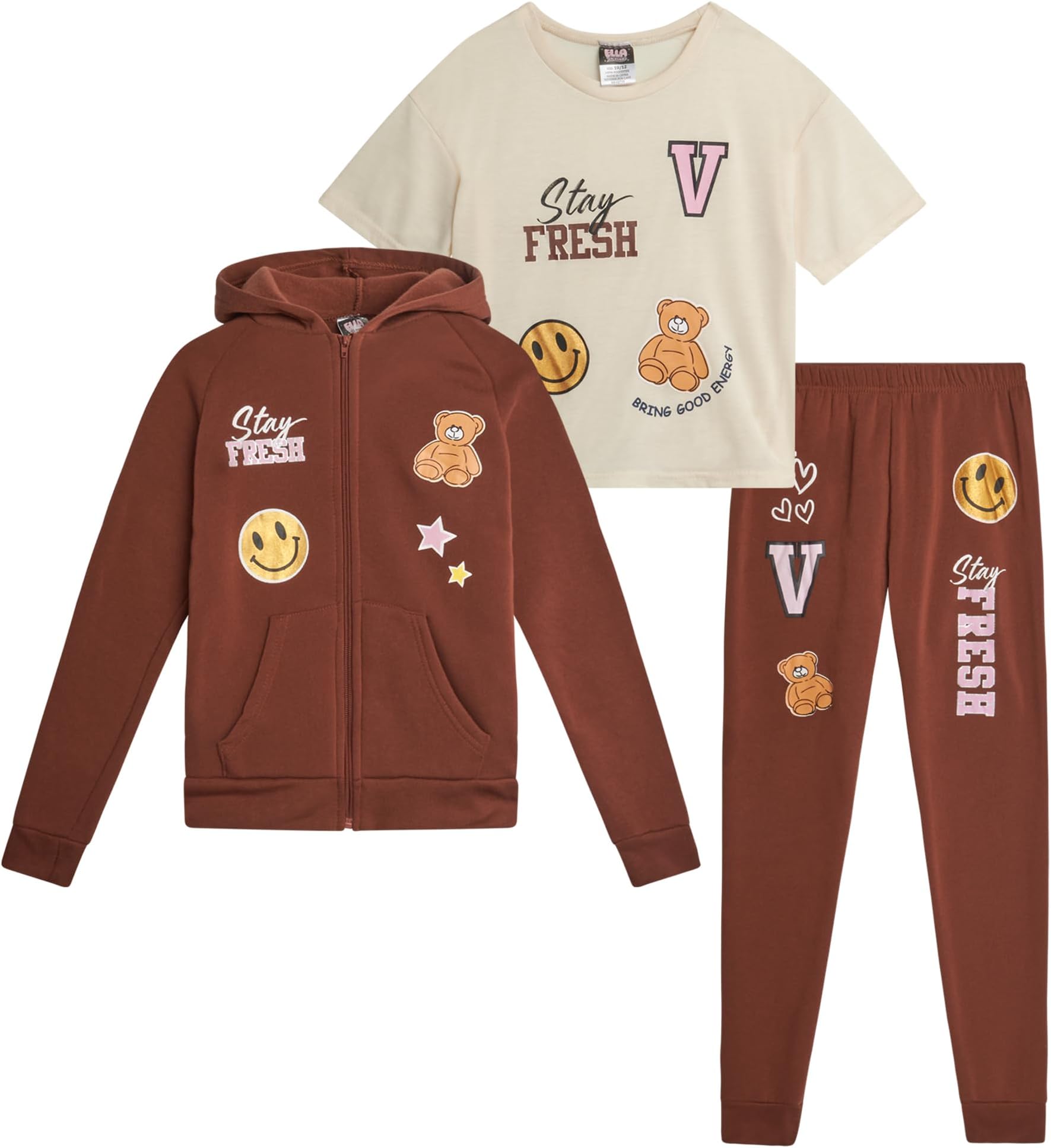 Girls Sweatsuit Set - 3 Piece Soft Fleece Zip Up Hoodie Graphic Tees and Jogger Sweatpants for Girls