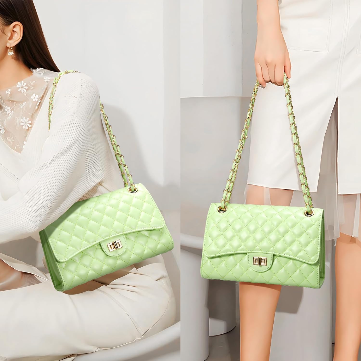 Quilted Crossbody Purse for Women Trendy Ladies Shoulder Bag with Chain Strap PU Leather Cross Body Bags Satchel HandBag