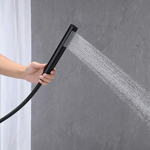Miniatura 6 de Grifo de bañera independiente Llenador de bañera Negro Montaje en piso Latón de una sola manija Grifos de baño con ducha de mano Negro -,Oro