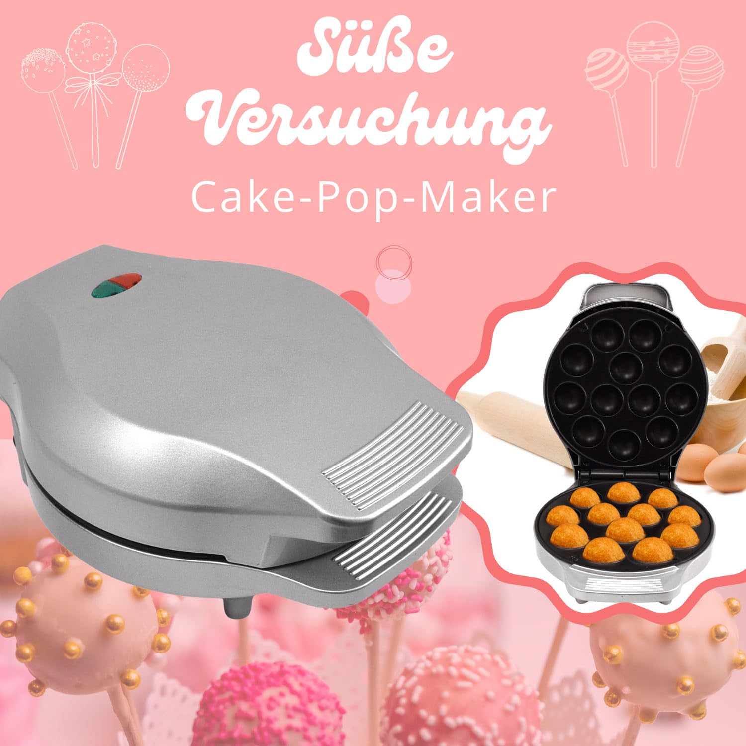 Syntrox Cake Pop Maker | Maschine | Popcakes Maker für 12 Cake Pops, 1200 Watt, Silber, Antihaftbeschichtet, backautomat, Festtagsgebäck selber machen, kleine kuchen Backmaschine