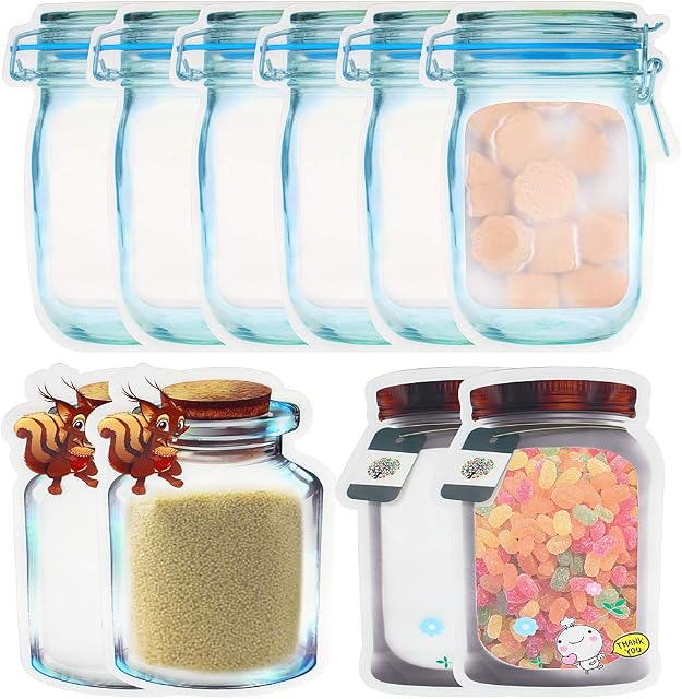 KELYDI Reusable Food Storage Bags, 10 Pack Mason Jar Zipper Bags Sandwich Snack Ziplock Freezer Bags