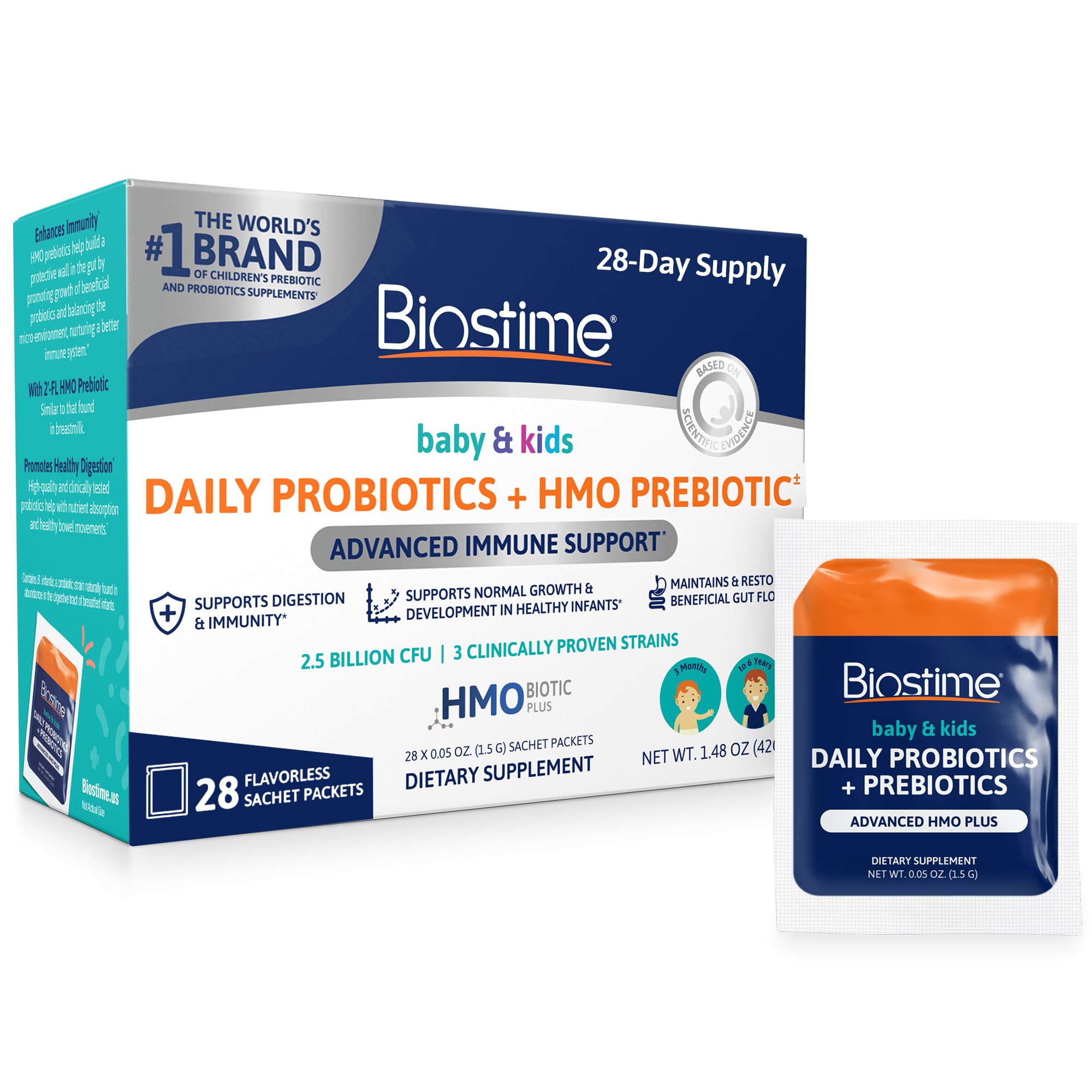 Biostime Suplemento Prebiótico e Probiótico em Pó com 2’-FL HMO 145 mg e 2,5 bilhões de UFC, 28 sachês