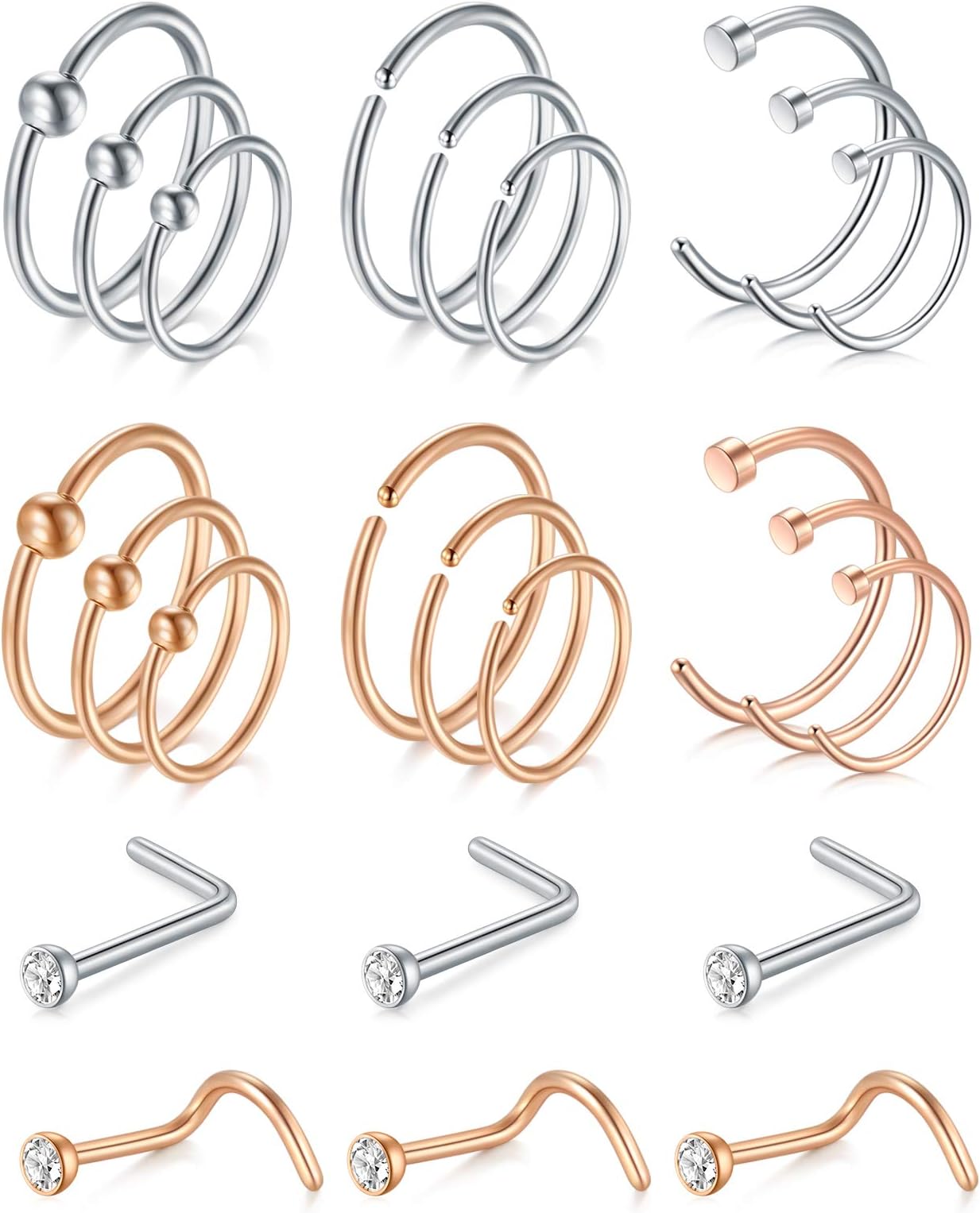 FunseedrrSurgical Steel Nose Studs Rings 20G 8mm Nose Screw Bars Pin Septum Thin Hoop Bone L Shaped Set Nose Piercing Jewellery