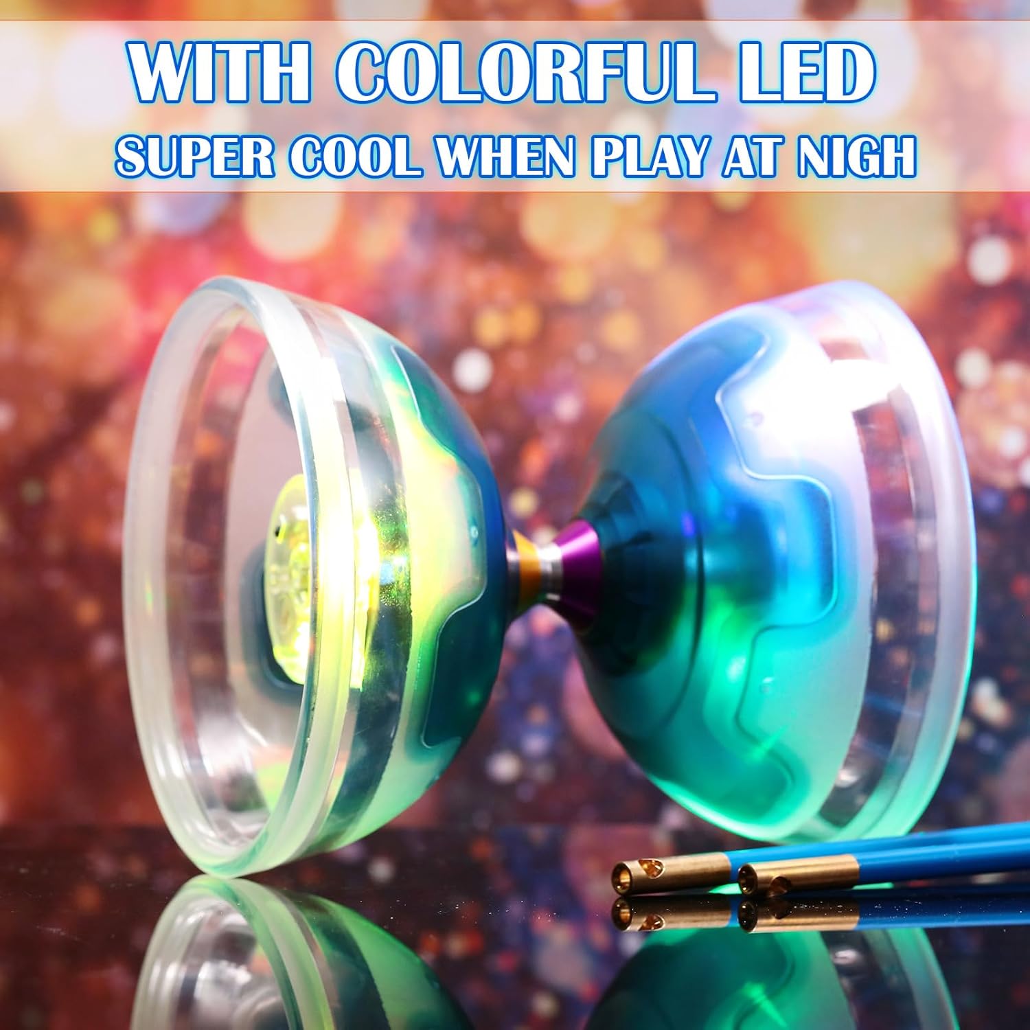 Chinese Yoyo Diabolo Set Includes 5 Inch Colorful LED Diabolo Toy Light Up with 2 Pieces Diabolo Sticks, 1 Piece Diabolo String and 1 Piece Net Bag for Fun(Blue)