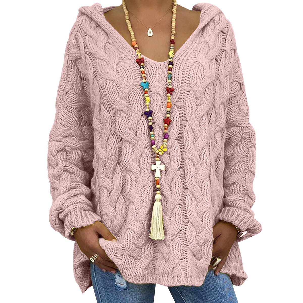 Peuignao Women's Pink Oversized Cable Knit V Neck Jumper Long Jumpers For Baggy Fluffy Knitted Jumpers Sweater Hooded Pullover Hoodie Sweaters Pullovers Thick Loose Lady Jumpers M