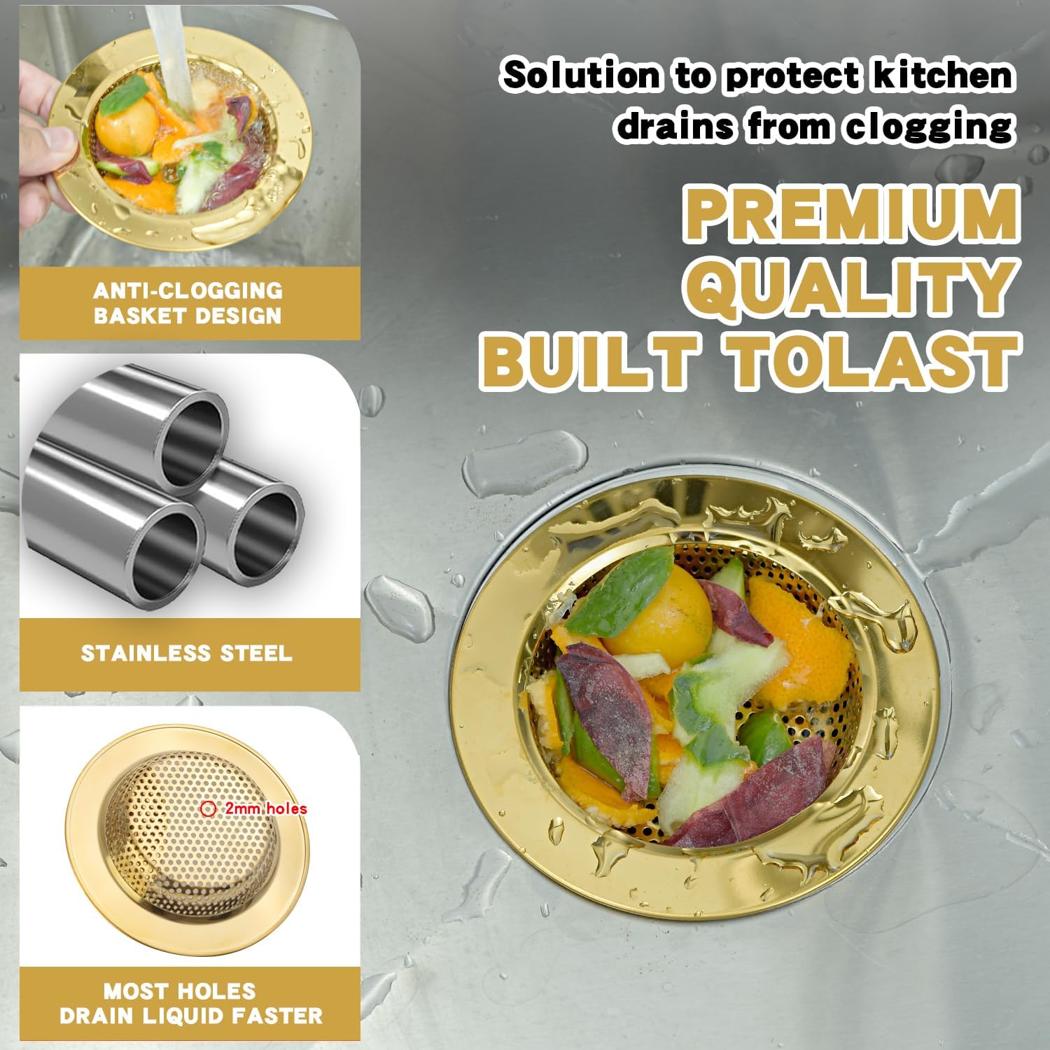 RQYEKDO Kitchen Sink Drain Strainer，2 Pack Stainless Steel and Gold Mesh Sink Drain Basket with Large Wide Rim 4.4 Inch Diameter,Kitchen Sink Strainer Cover, Hair Food Catcher & Filter