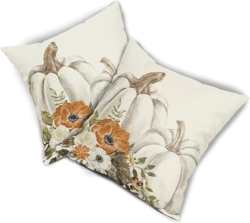 Miniatura 8 de Fundas de Almohada de Otoño 18x18 pulgadas Juego de 2 Acuarela Blanco Gris Calabaza Flor Almohadas Decorativas Exterior Otoño Acción de Gracias