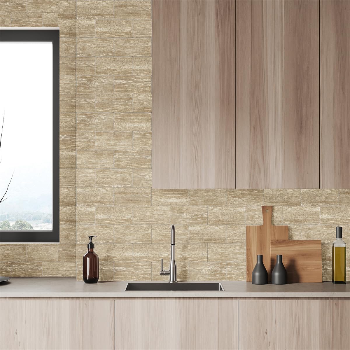 Piastrelle adesive per pareti effetto legno, Adesivi for piastrelle in vinile impermeabili e antiolio for cucina e bagno, legno marrone, 10x20 cm, diverse misure(64 PC(10X20CM))